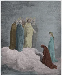 Paradiso, Canto 26: Św. Jan bada Dantego odnośnie miłości, ilustracja z Boskiej komedii Dantego Alighieri, 1885 (cyfrowo kolorowane grawerowanie)